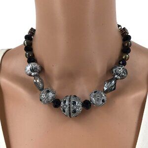 Chunky Beaded Necklace Black Silver Tone Rhinestone Accent 20 Inch Length